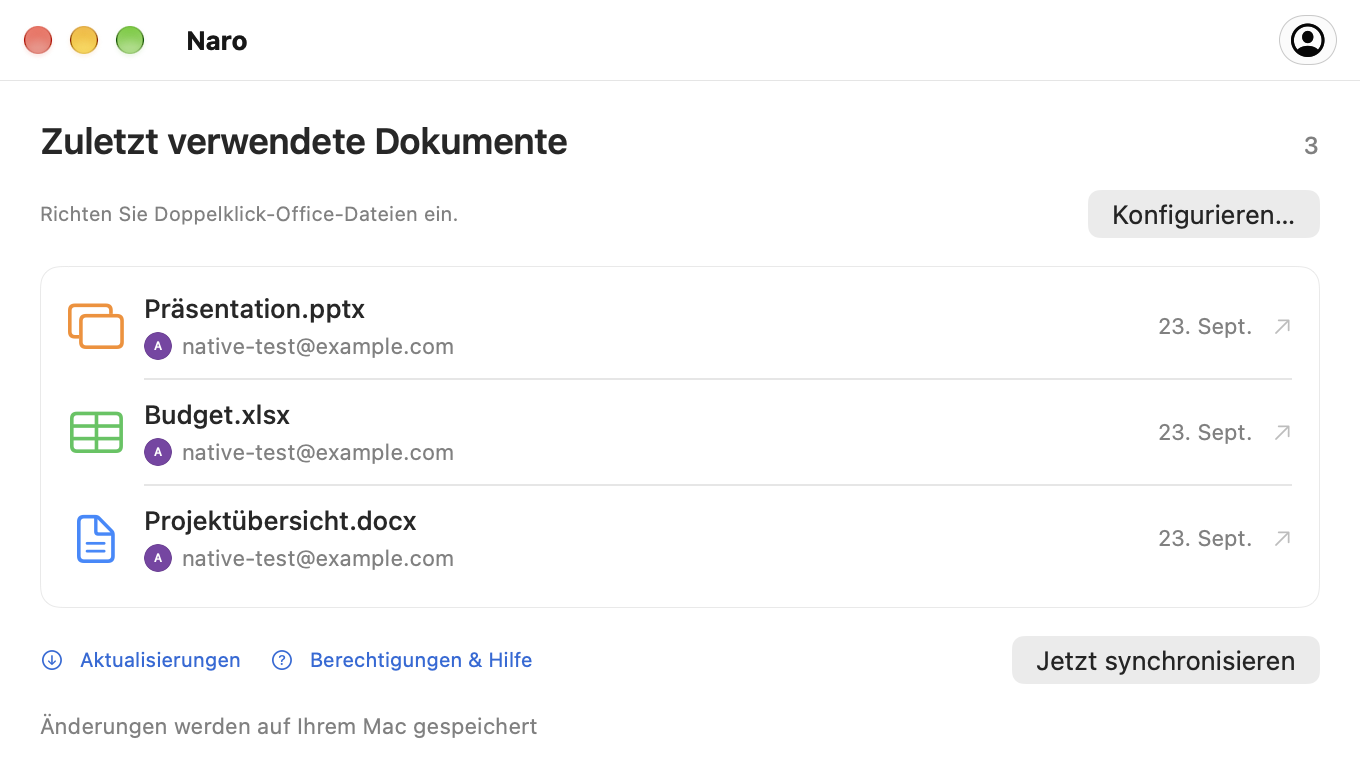Das eigentliche Naro-Fenster „Letzte Dokumente“ mit drei Beispiel-Office-Dateien.
