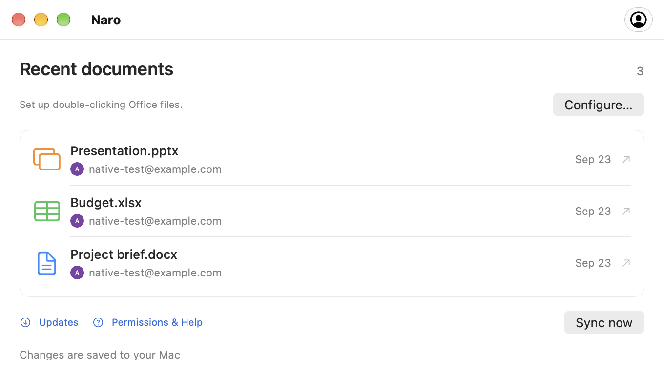 The actual Naro recent-documents window, showing three sample Office files.
