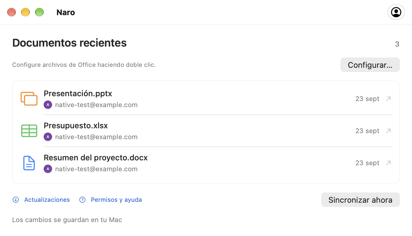 La ventana de documentos recientes de Naro, que muestra tres archivos de Office de muestra.