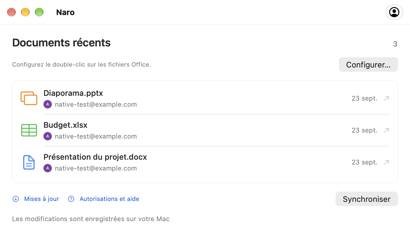 La fenêtre actuelle des documents récents de Naro, affichant trois exemples de fichiers Office.
