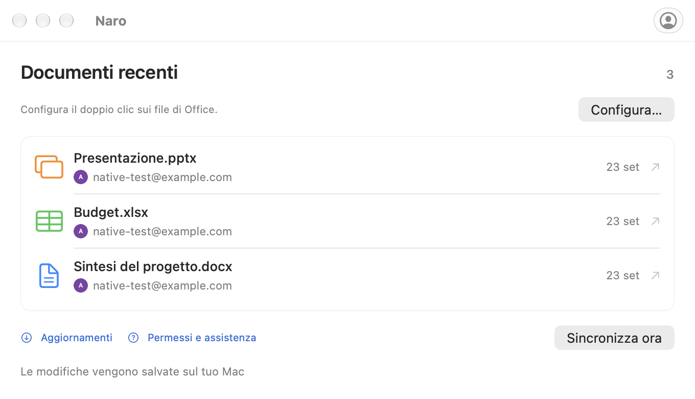 L'attuale finestra dei documenti recenti di Naro, che mostra tre file Office di esempio.
